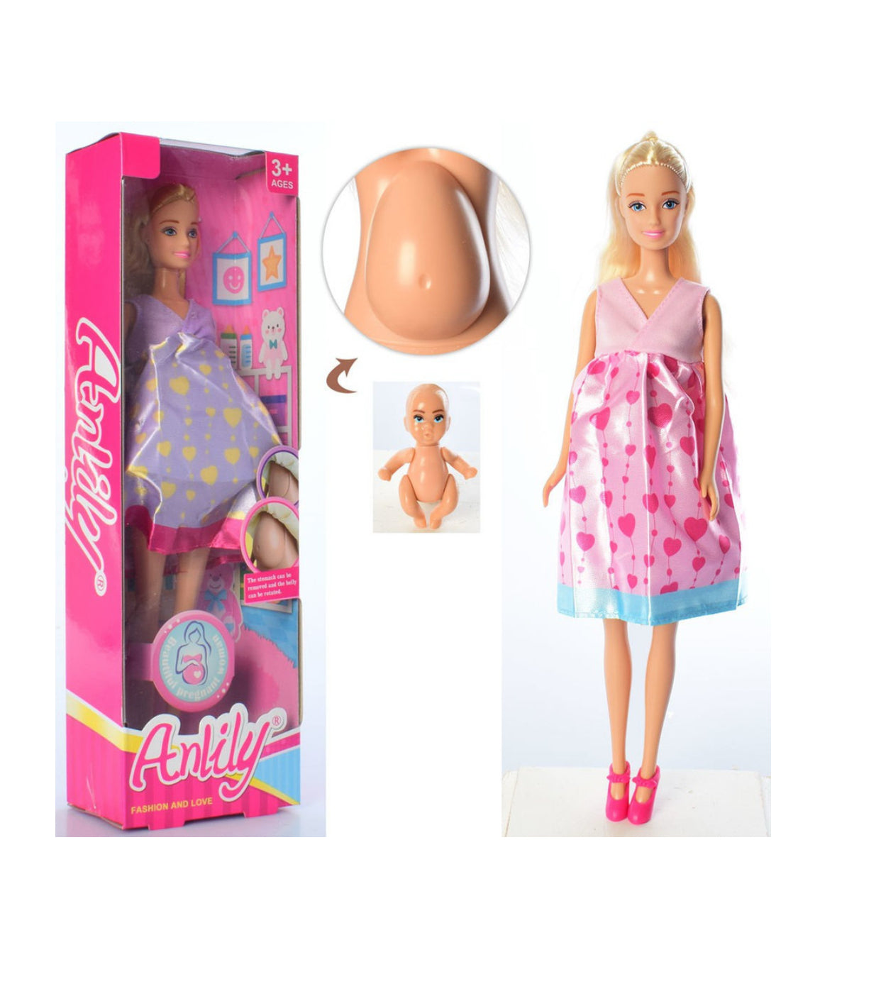 Anlily Pregnant Mommy Doll Playset – Removable Baby Belly & Newborn Doll (3+ Years)