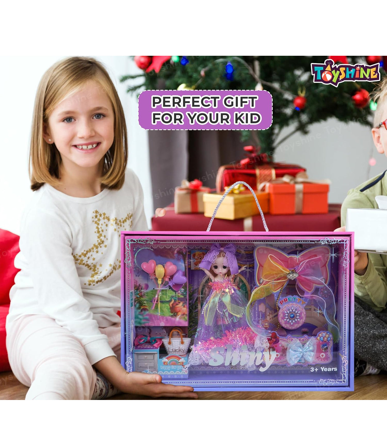 Shiny Princess Doll Gift Set – Rainbow Bows, Heart Balloons, Handbag & Accessories (3+ Years)