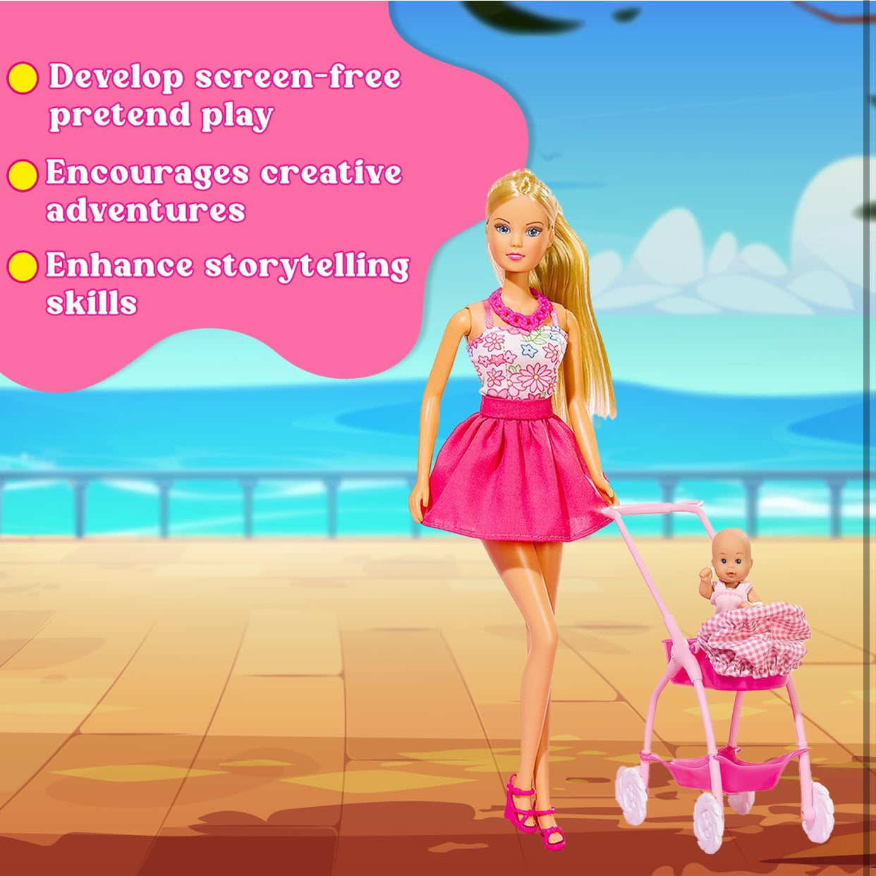 Steffi Love Baby Walk Doll Set – Fashion Doll with Baby & Stroller