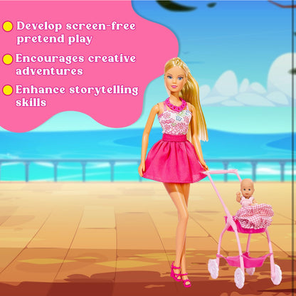 Steffi Love Baby Walk Doll Set – Fashion Doll with Baby & Stroller