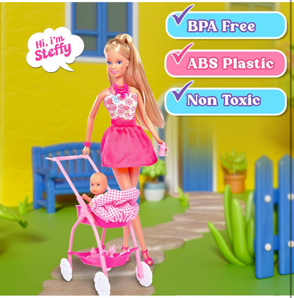 Steffi Love Baby Walk Doll Set – Fashion Doll with Baby & Stroller