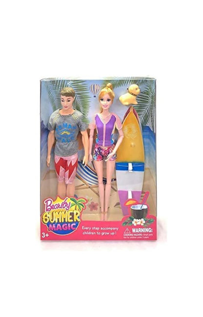 Summer Magic Beach Couple Doll Set – Fashion Dolls with Surfboard & Dog