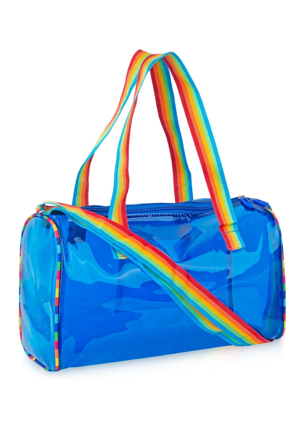 🌈 Transparent Blue Rainbow Duffel Bag – Trendy & Stylish