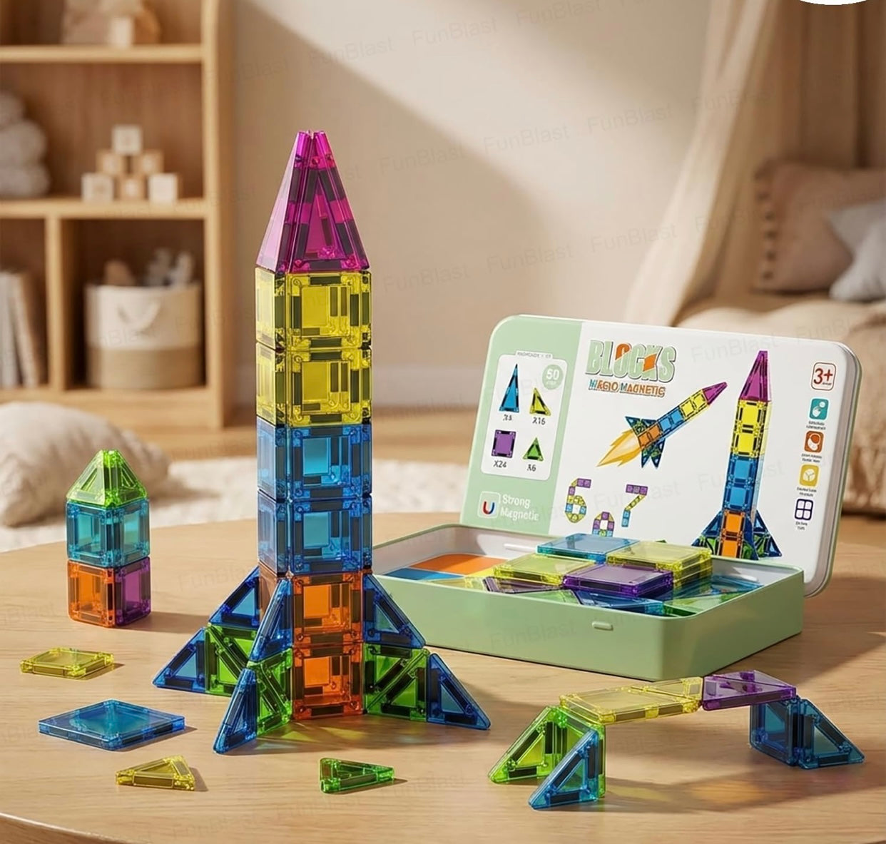 50-Piece Magnetic Building Blocks Set for Kids – Educational STEM Construction Toy with Storage Box