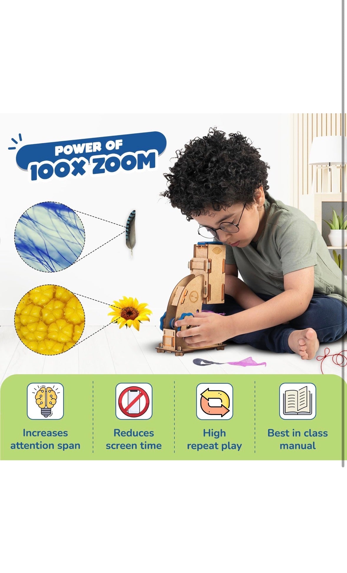 Smartivity STEM DIY Microscope Kit - Wooden 100x Zoom Educational Toy for Kids Ages 8+