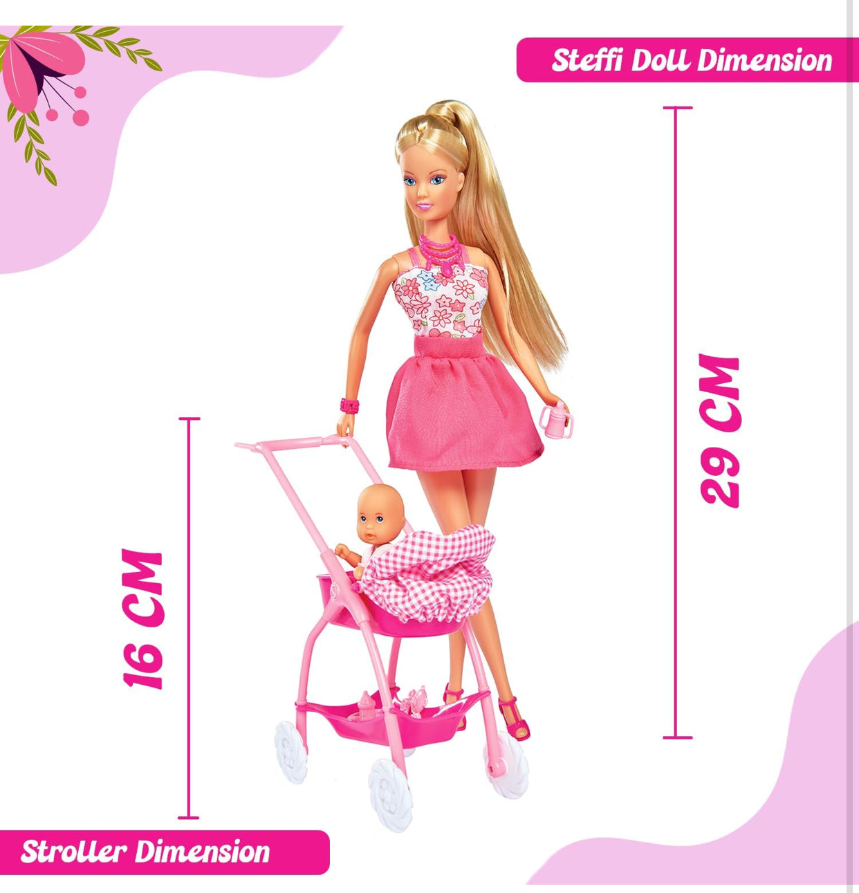 Steffi Love Baby Walk Doll Set – Fashion Doll with Baby & Stroller