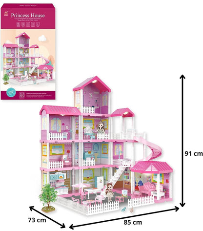 Luxury 4-Story Dollhouse Mansion Playset with Furniture, Dolls, Slide & Garden Accessories – Pink Dream House for Kids