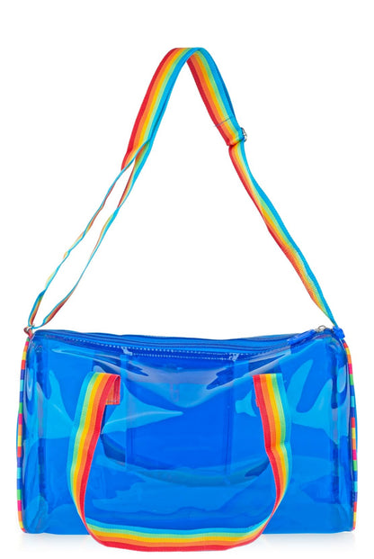 🌈 Transparent Blue Rainbow Duffel Bag – Trendy & Stylish
