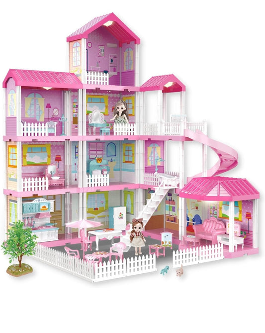Luxury 4-Story Dollhouse Mansion Playset with Furniture, Dolls, Slide & Garden Accessories – Pink Dream House for Kids